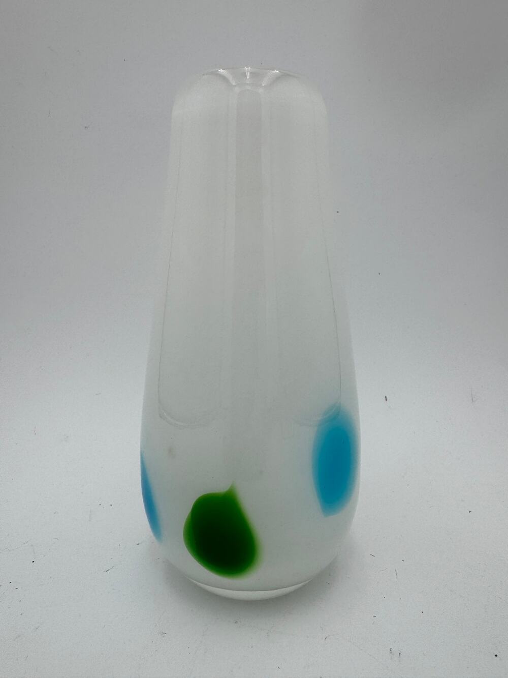 Vintage Hand Blown Artisian Glass Vase White with Blue Green Spots 8"